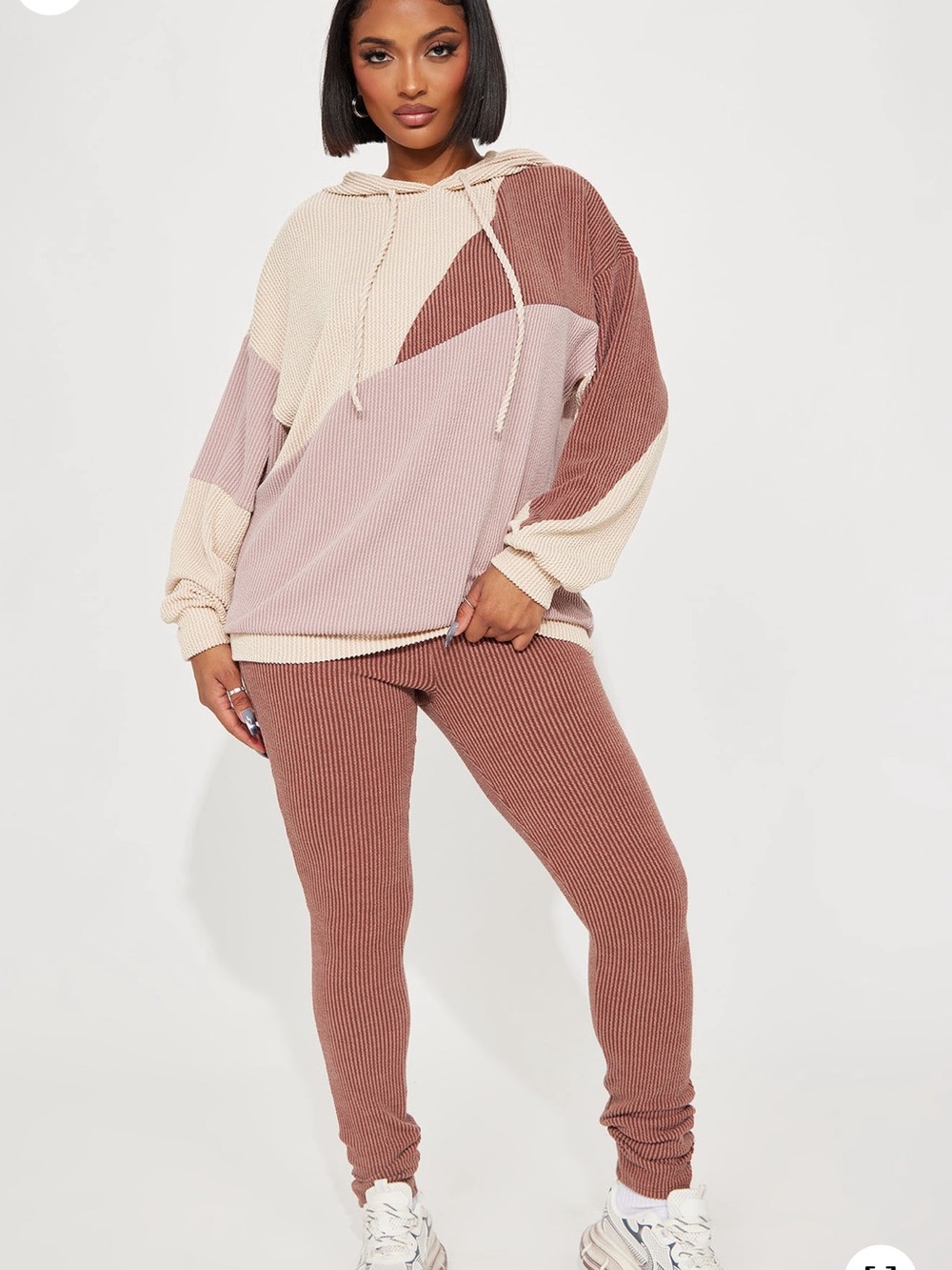 Colorblock Waffle Knit Hoodie & Legging Set - Neutral Tones
